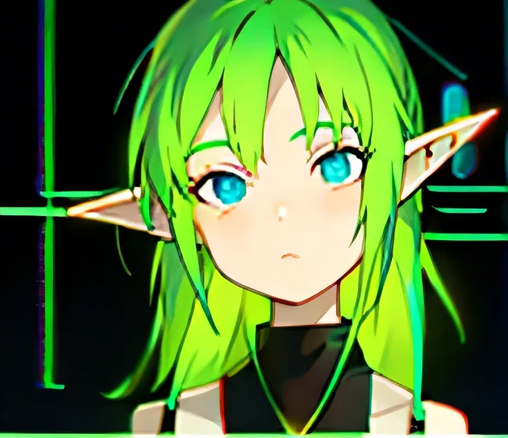 Elf girl with neon green hair blue eyes cyberpunk