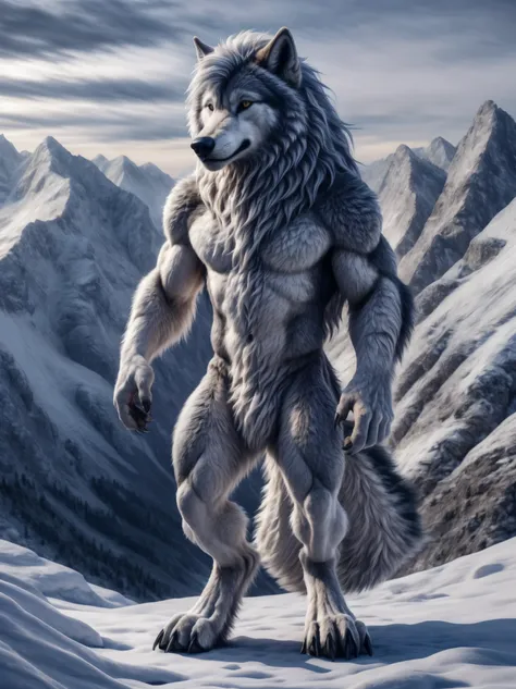 full body, polarwolf, male, is standing, fuzzy, front view, with mane, claws on fingers and toes, very detailed fur, in the moun...