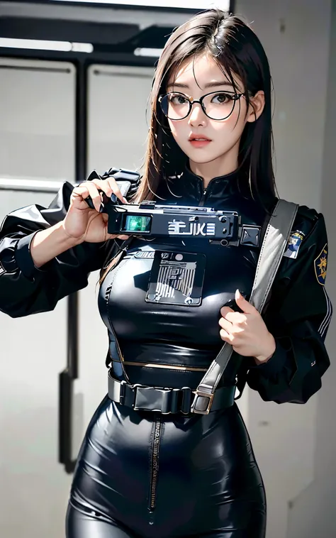 (Highest image quality, outstanding details, ultra-high resolution, realism), highly condensed 1 beautiful girl, with a delicate and beautiful face, glasses, ((cowboy shot)), (a bit chubby:0.4), (wearing black racing suit likes police uniform, black and gr...