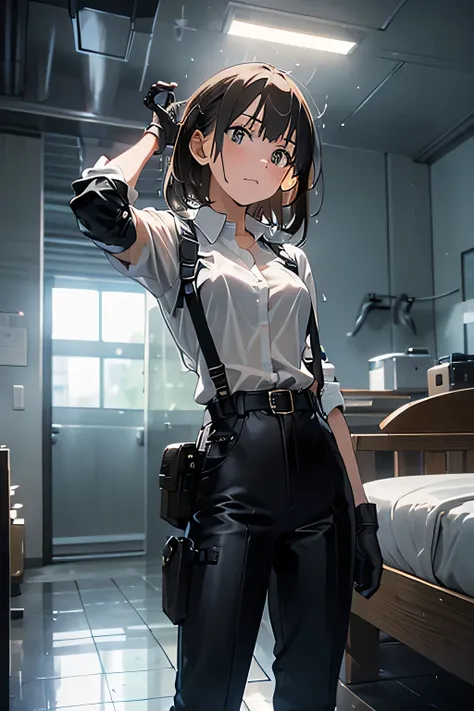 1 female, , high quality, masterpiece, Ultra-high resolution, , Cinema Lighting, , , And the suspenders with the cranes flying Large Breasts Small face holster Lying in bed Looking up Sweat belt summer Black Hole Gloves suit shir...