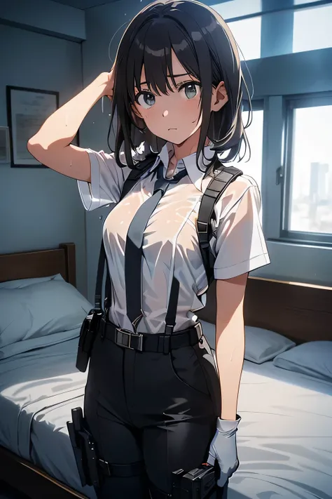 1 female, , high quality, masterpiece, Ultra-high resolution, , Cinema Lighting, , , And the suspenders with the cranes flying Large Breasts Small face holster Lying in bed Looking up Sweat belt summer Black Hole Gloves suit shir...