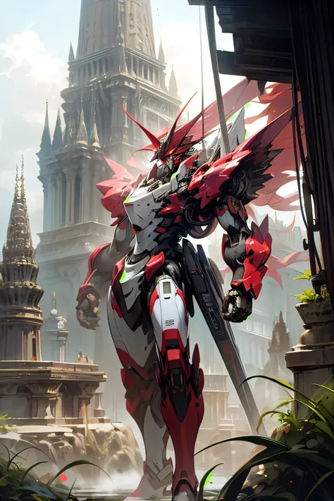 ((anime style)).
((head to feet view)).
((very accurate)):
"a white-red mecha Rahxephon-like: standing on short grass-hill"
background: Prambanan temple in foggy morning canyon grass-lands.