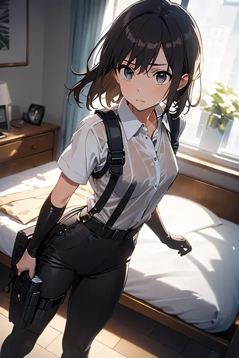 1 female, , high quality, masterpiece, Ultra-high resolution, , Cinema Lighting, , , And the suspenders with the cranes flying Large Breasts Small face holster Lying in bed Looking up Sweat belt summer Black Hole Gloves suit shir...