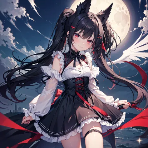 younger sister,Best Quality::4,Long Hair::5,Black Hair,Red eyes::3,smile,Dutch Angle,ribbon::3,Glitter effect::2,Small breasts::3,Hair Clip,Decorative art,Night City,moon,Frill Art::2,Red frills,Black skirt fabric,vampire,Eyes are hearts::2,blush::2,Low le...