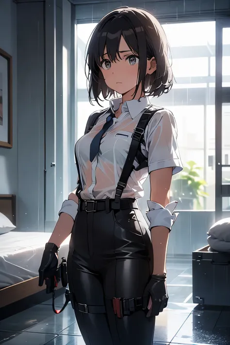 1 female, , high quality, masterpiece, Ultra-high resolution, , Cinema Lighting, , , And the suspenders with the cranes flying Large Breasts Small face holster Lying in bed Looking up Sweat belt summer Black Hole Gloves suit shir...