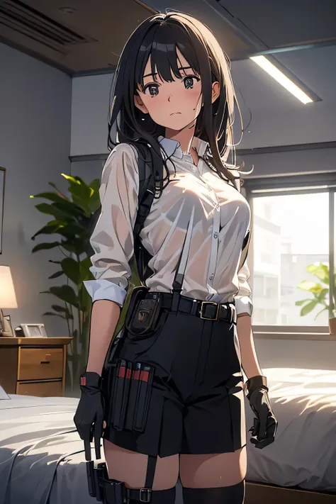 1 female, , high quality, masterpiece, Ultra-high resolution, , Cinema Lighting, , , And the suspenders with the cranes flying Large Breasts Small face holster Lying in bed Looking up Sweat belt summer Black Hole Gloves suit shir...