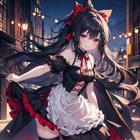 younger sister,Best Quality::4,Long Hair::5,Black Hair,Red eyes::3,smile,Dutch Angle,ribbon::3,Glitter effect::2,Small breasts::3,Hair Clip,Decorative art,Night City,moon,Frill Art::2,Red frills,Black skirt fabric,vampire,Eyes are hearts::2,blush::2,Low le...