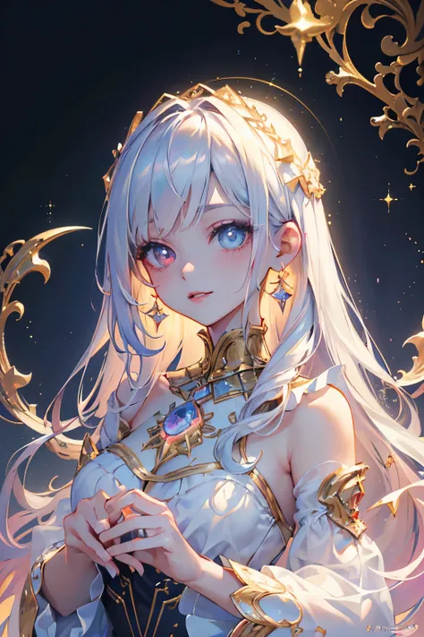 (masterpiece、top-quality、top-quality、Official art、lightly detailed、Beautifully Aesthetic:1.2)、(1girl in)、(Fractal Art:1.3)、very long hairstyle、silver hair color colorful, large golden crystal eyes, sparkling big eyes, complex details beautiful and delicat...