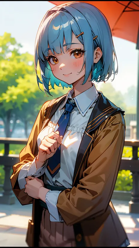 One girl、8k、Sharp Focus、(Bokeh) (Best Quality) (Detailed skin:1.3) (Intricate details) (anime)、Upper body close-up、From the side、Natural proportions、smile、White skin、Shiny light blue hair、Short Bob Hairstyles、Tie your hair with an orange hair clip、Beautifu...