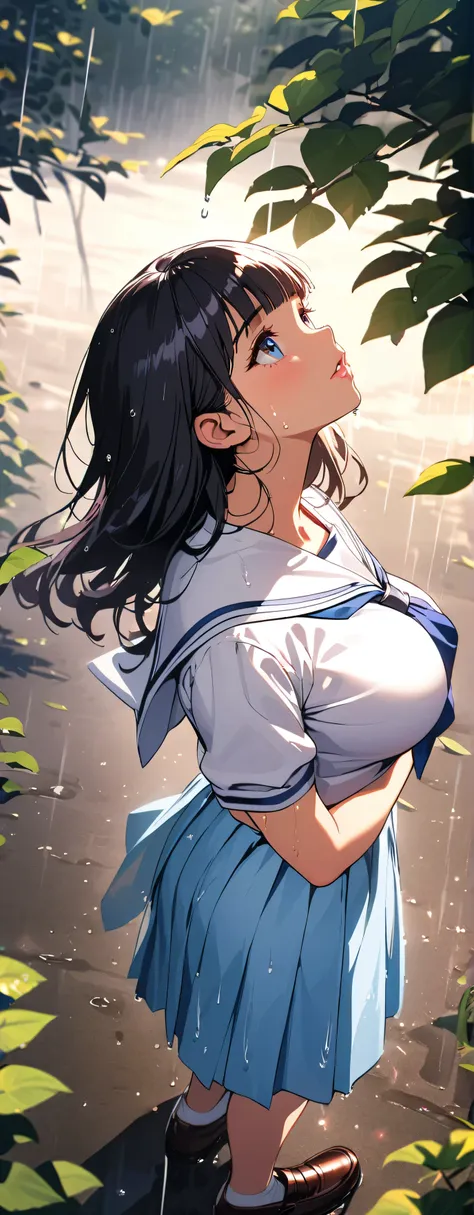 anime girl in a blue dress standing in the rain