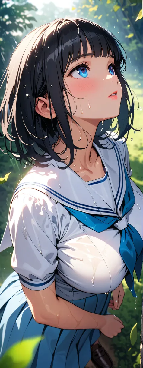 anime girl with blue eyes and a white shirt standing in the grass