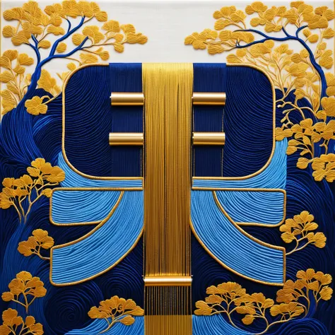 Klein Blue, Golden Blue Waterfall, Mountains, Pavilions, and Trees, Chinese Embroidery Craft, Gold Plating, Flowing Gold, Minimal Color Field, Freehand, White Space, Organic Form, Simple Blue Background,