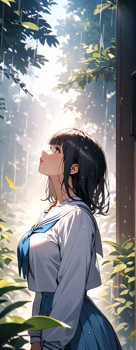 anime girl looking out a window in the rain