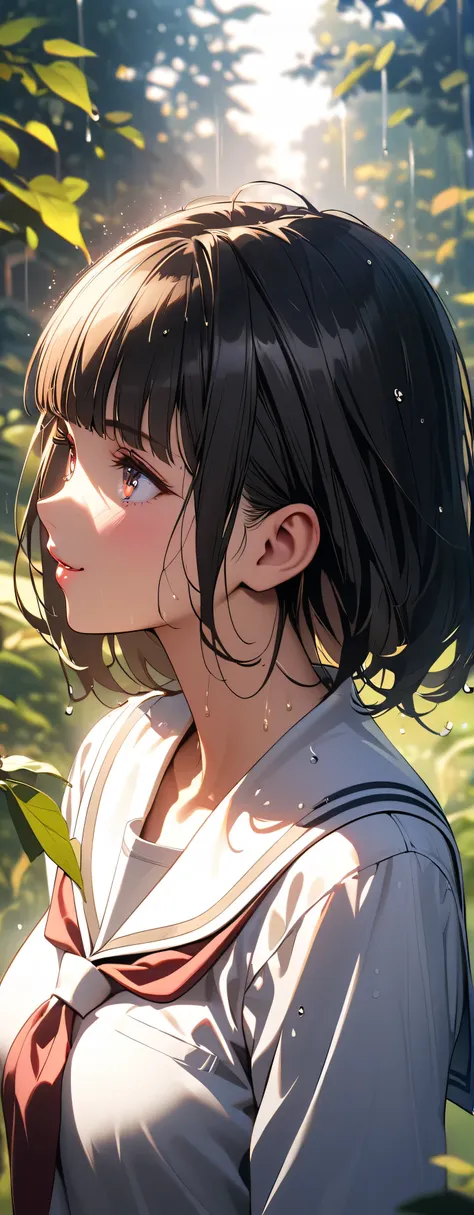 anime girl with black hair and a white shirt looking at a leaf