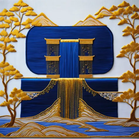 Klein Blue, Golden Blue Waterfall, Mountains, Pavilions, and Trees, Chinese Embroidery Craft, Gold Plating, Flowing Gold, Minimal Color Field, Freehand, White Space, Organic Form, Simple Blue Background,