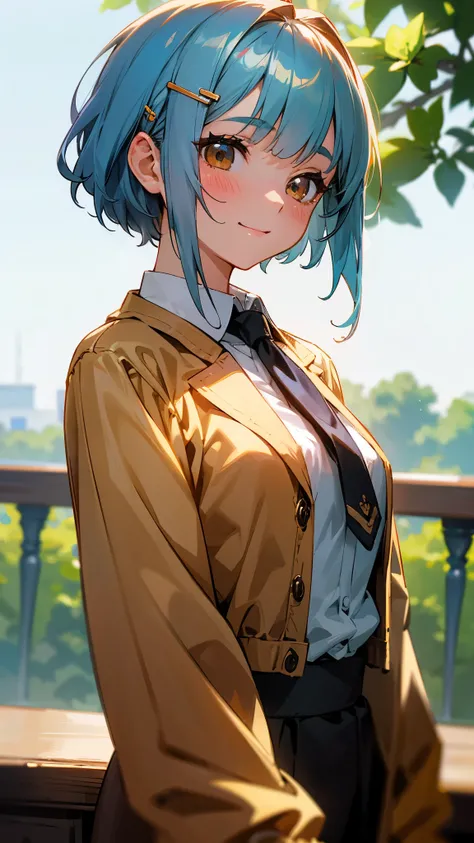 One girl、8k、Sharp Focus、(Bokeh) (Best Quality) (Detailed skin:1.3) (Intricate details) (anime)、Upper body close-up、From the side、Natural proportions、smile、White skin、Shiny light blue hair、Short Bob Hairstyles、Tie your hair with an orange hair clip、Beautifu...