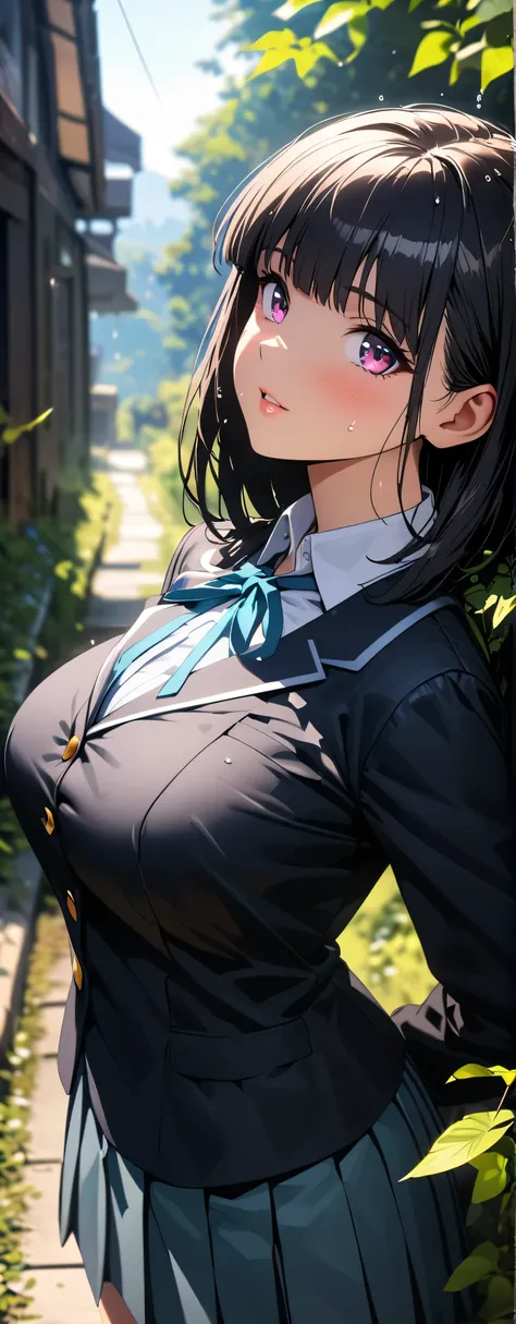 anime girl in uniform posing in front of a house