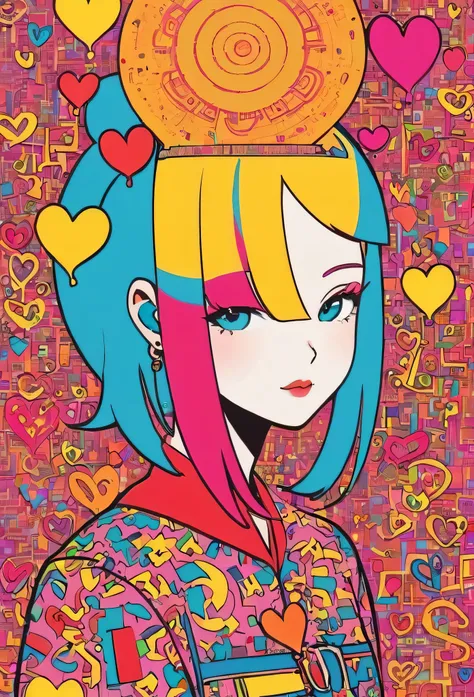 Keith Haring colorful style, Simple Line Initialism，Abstract art，Urban Background, (((The most beautiful girl of all time))), Sweet face. Lips in love, colorful hearts, stylish design, walking