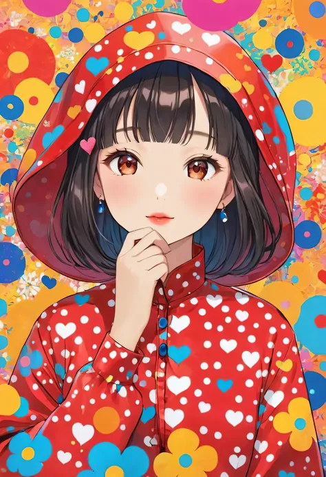 Yayoi Kusama colorful style, Simple Line Initialism，Abstract art，Urban Background, (((The most beautiful girl of all time))), Sweet face. Lips in love, colorful hearts, stylish design