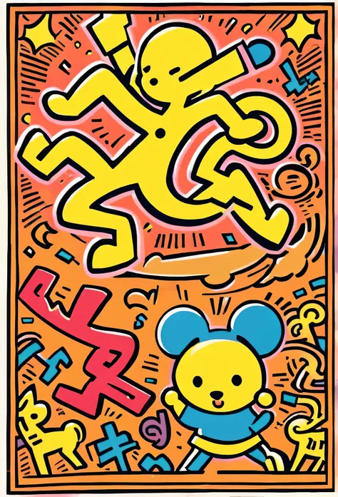 Keith Haring&#39;s Colorful Style, Simple line initials，Abstract art，Future city background, (((The most beautiful girl of all time))), Kind Face. Lips in Love, Colorful hearts, Stylish design, walk