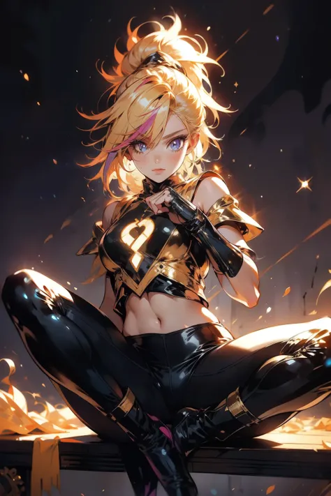 girl, blonde,ultra messy hair, multicolored bangs, braids, long ponytail, angelical forniture, celestial guardian, purple and pink theme, cute pose, long celestial boots, yoga pants, iron shoulders, short breastplate, fingerless gloves, gold gauntlets, ult...