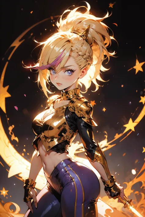 girl, blonde,ultra messy hair, multicolored bangs, braids, long ponytail, angelical forniture, celestial guardian, purple and pink theme, cute pose, long celestial boots, yoga pants, iron shoulders, short breastplate, fingerless gloves, gold gauntlets, ult...