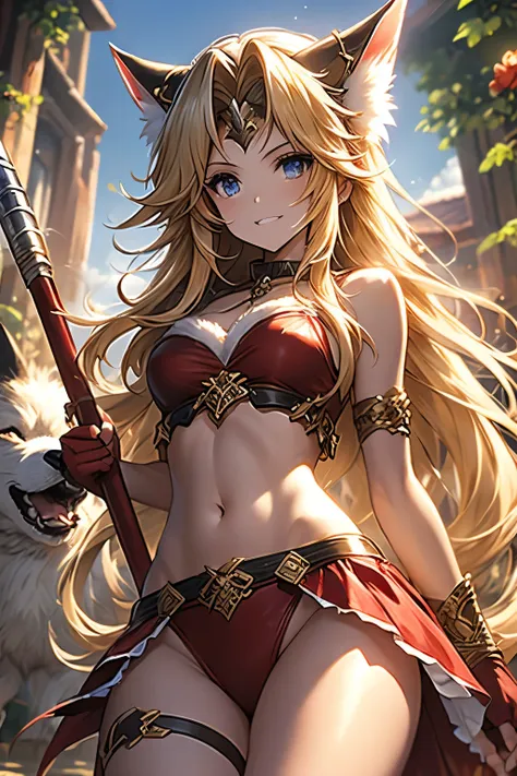 （（（ＳＦＷ、sound、Highest quality、first-clasasterpiece、Normal body、8k、Detailed face、Ultra-precision、Normal hand、Normal finger、５finger、Highest）））、Secret of Mana 3、lease、Class 3、Fenrir Knight、Blonde、Long Hair、Straight Hair、Hair ribbon、Red fur bikini、Red high leg ...