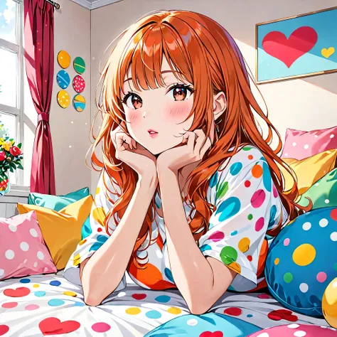 Ultra-realism Yayoi Kusama colorful style, Simple Line Initialism，Abstract art，(((The most beautiful girl of all time))), ((Lips in love)), colorful hearts, stylish design, sports fashion, (((Holiday Room))),