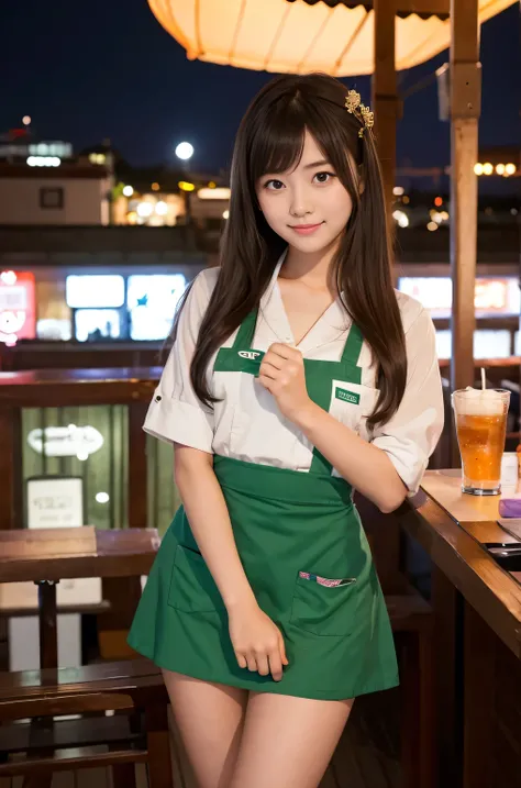 One girl (Twenty years old, Japanese pretty face) are wearing apron, mini skirt at the moon night cafe outside