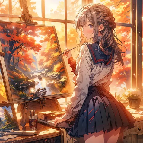 A high school girl, an art club, drawing a landscape painting of an autumn scene, an anime illustration depicting the scene from a rear angle, a landscape painting with a serious expression, sometimes smiling shyly, very Beautifully drawn, masterpiece, bes...