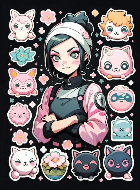 1 sticker, handbook, (a stylish naruto, model, pink top, cool and cool), black background, simple background, minimal, makeup elements, flowers, cap, cute, tiny, pastel color, vector style, no gradient，smiling, Bold geometric shapes clipart with overlappin...