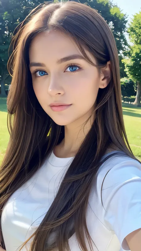 ((Best Quality)), ((masterpiece)), (Detailed), Perfect Face,Amazingly realistic, Realistic, Photorealism, (Photorealistic:1.4), (Highest quality:1.0), (Ultra-high resolution:1.0), 8k、masterpiece, teenage girl, Long brown hair, blue eyes. jeans、White T-shir...