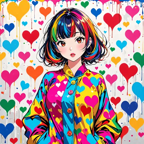 Ultra-realism Yayoi Kusama colorful style, Simple Line Initialism，Abstract art，(((The most beautiful girl of all time))), ((Lips in love)), colorful hearts, stylish design, sexy fashion, Background is graffiti