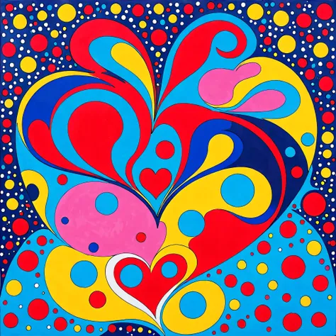 Yayoi Kusama colorful style, Simple Line Initialism，Abstract art, colorful heart, your dream