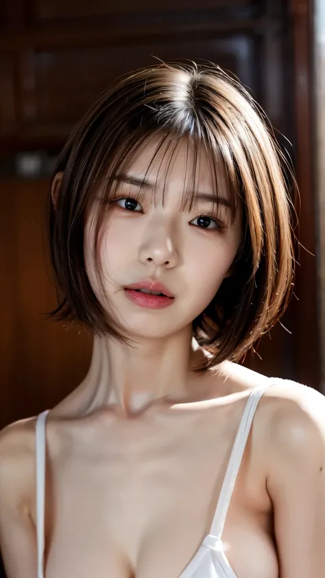 ((Petite women, Sensual woman, No makeup, 柔らかい笑face)), (((Small eyes, length, Narrow eyes, Black Hair, Short Bob Hair))), (Full body portrait, Short Hair, Large Breasts, Wearing a white T-shirt, Protruding nipples, Thick pubic hair), White skin, Glossy pal...