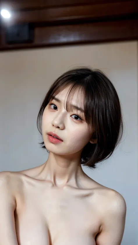 ((Petite women, Sensual woman, No makeup, 柔らかい笑face)), (((Small eyes, length, Narrow eyes, Black Hair, Short Bob Hair))), (Full body portrait, Short Hair, Large Breasts, Wearing a white T-shirt, Protruding nipples, Thick pubic hair), White skin, Glossy pal...