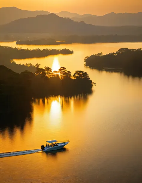 aerial photography，golden pond，sunset，sparkling，backlighting equipment for couple on boat:sonya77(standalone) [sony（sony）digital...