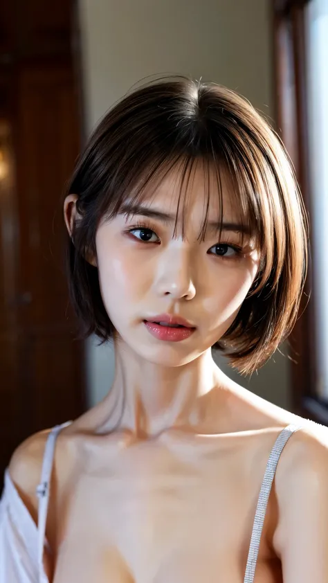 ((Age 30, Petite women, Sensual woman, No makeup, 柔らかい笑face)), (((Small eyes, length, Narrow eyes, Black Hair, Short Bob Hair))), (Full body portrait, Short Hair, Large Breasts, Wearing a white T-shirt, Protruding nipples, Thick pubic hair), White skin, Gl...