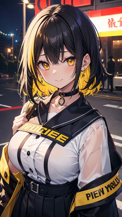 Height 150cm、Weight 25kg、Busty、Black Hair、Yellow inner color、Yellow hair tips、Tanned brown skin、 police、policeの服、policeのコスチューム、Too much exposure、Mischievous smile、Devil girl、Earrings、Black choker、beautiful girl、Upper Body