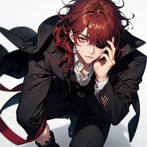 ((Masterpiece, Highest quality)), !!1 male!!, solo, Detailed face, curly hair, long dark red hair, one eye, gray eye, !!eye patch!!, blindfold on the right eye, full bodyesbian, Full of details, Highly detailed, Depth, Many parts, middle-aged, sporty, hand...