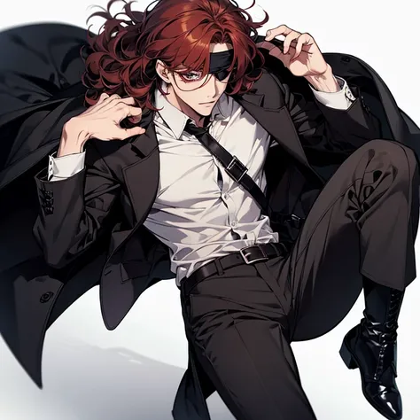 ((Masterpiece, Highest quality)), !!1 male!!, solo, Detailed face, curly hair, long dark red hair, one eye, gray eye, !!eye patch!!, blindfold on the right eye, full bodyesbian, Full of details, Highly detailed, Depth, Many parts, middle-aged, sporty, hand...