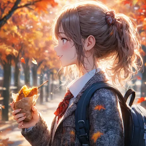 High school girl, returning from school, a little chilly season, autumn scenery, profile eating warm baked sweet potato, look here, close-up, super detailed, nice expression, masterpiece, top quality, very Detailed CG Unity 8K wallpaper,