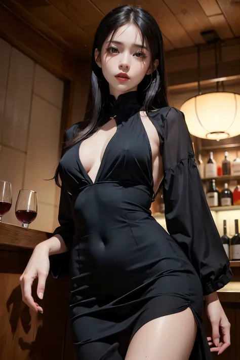 Wine-Red Heart.((masterpiece)), ((best quality)), ((ultra-detailed)),((hyperrealistic)),(japanese cute girl),(shiny skin),1 ladyl,(black hair),long hair,(black eyes,tareme,droopy eyes),(slenderbody),,,(black dress),((bar)),upperbody shot,from below,thigh g...