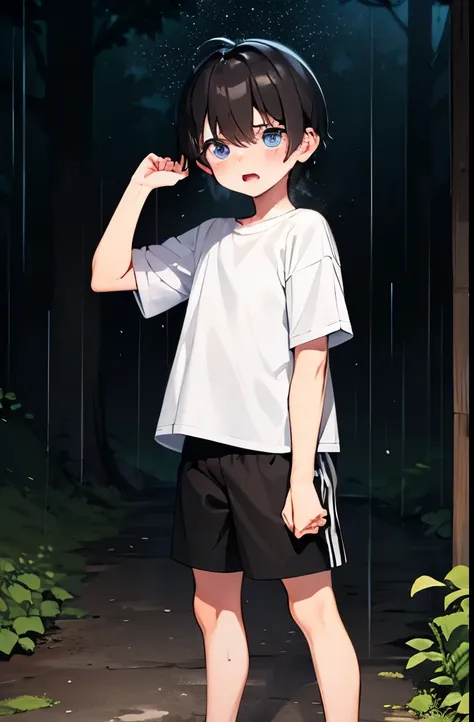 Small child male,White shirt,Black shorts,sweat,Shortcuts,Standing,Embarrassing,Please open your mouth wide,Running Shoes,rain,forest,night,Below,Surprised,panic,shy,Feeling embarrassed