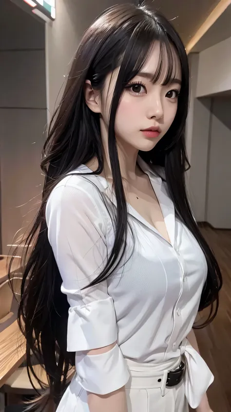 最high quality、Best image quality、masterpiece、and((Japanese、cute、、Best Bust、Long Hair、Big Bust、Open your chest wide,Black Hair、thin、The highest valley、Show the whole body、An open white shirt、Black trousers)）high quality、Beautiful art、background((Stylish mov...