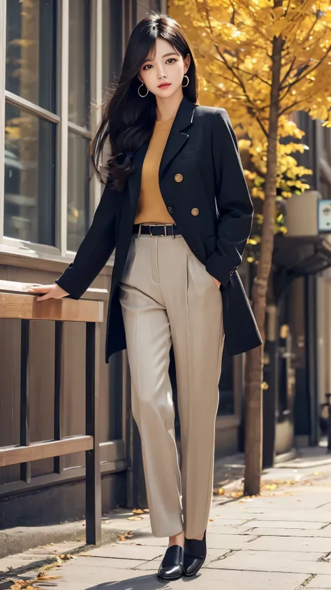 Young girl，Hanging Hair，Black Hair，Streetscape，Full body Ezbian，Long legs，Beautiful body structure cover，Ultra-detailed drawings， Amazingly realistic photos，(Casual Hairstyles,:1.2), Incredibly graceful pose, A goddess-like presence，Office Lady、【Tailored j...