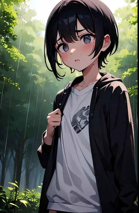 Small child male,White,researcher,sweat,Black Hair,Shortcuts,Standing,Embarrassing,Please open your mouth wide,rain,forest,night,Below,Surprised,panic,shy,Feeling embarrassed,Cowboy Shot,