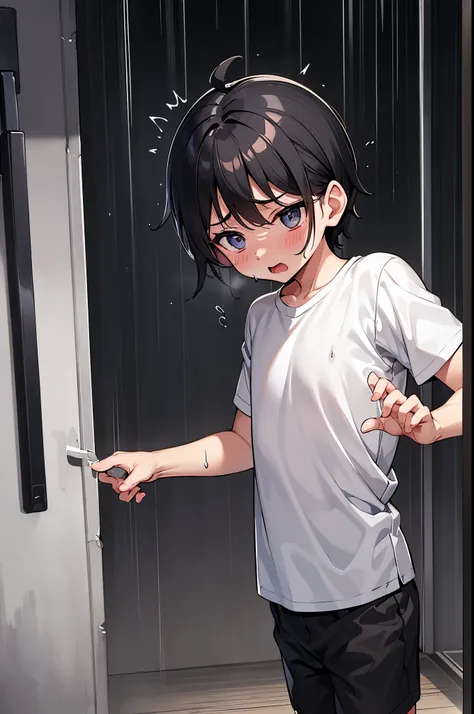 Small child male,White shirt,Black shorts,sweat,Shortcuts,Standing,Embarrassing,Please open your mouth wide,Running Shoes,rain,forest,night,Below,Surprised,panic,shy,Feeling embarrassed