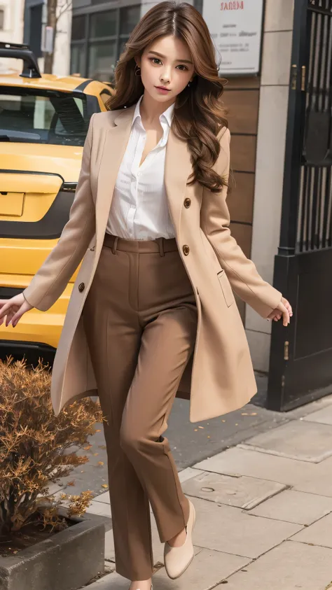 Young girl，Hanging Hair，Brown Hair，Streetscape，Full body Ezbian，Long legs，Beautiful body structure cover，Ultra-detailed drawings， Amazingly realistic photos，(Casual Hairstyles,:1.2), Incredibly graceful pose, A goddess-like presence，Office Lady、【Tailored j...