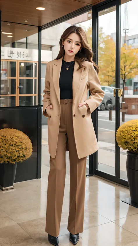 Young girl，Hanging Hair，Brown Hair，Streetscape，Full body Ezbian，Long legs，Beautiful body structure cover，Ultra-detailed drawings， Amazingly realistic photos，(Casual Hairstyles,:1.2), Incredibly graceful pose, A goddess-like presence，Office Lady、【Tailored j...